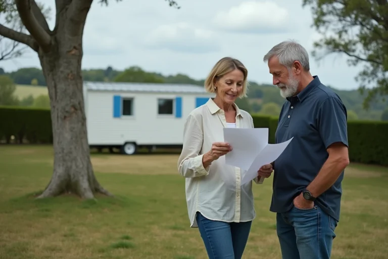 Couple examinant des documents pour l'achat d'une parcelle avec mobil-home en Bretagne