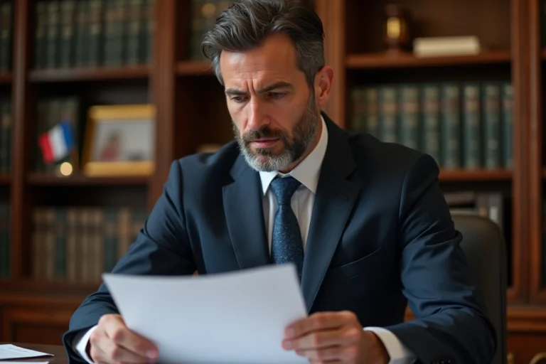 Avocat en costume marine consultant des dossiers juridiques dans un cabinet professionnel, illustration des frais d'avocat aux prud'hommes