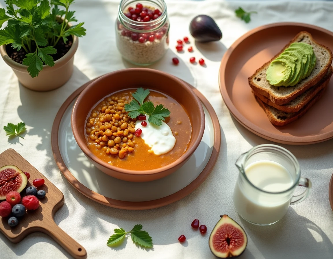 Vue aérienne d'un brunch végétarien sain avec soupe de lentilles, tartine avocat-grenade et overnight oats aux baies sur une nappe en lin ivoire
