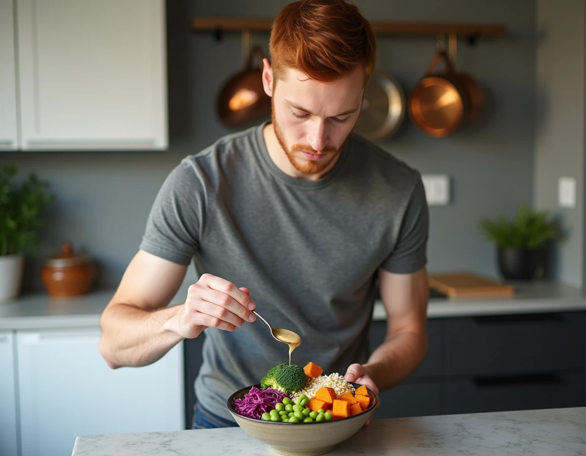 Jeune homme préparant des Buddha bowls végétariens colorés avec patate douce rôtie et brocoli dans une cuisine moderne et épurée