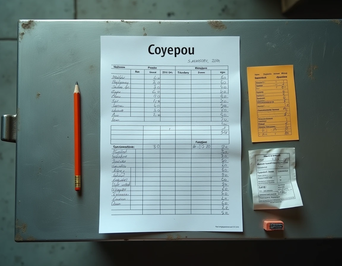 Budget hebdomadaire de cantine en prison avec liste de prix et bon de commande manuscrit sur table métallique