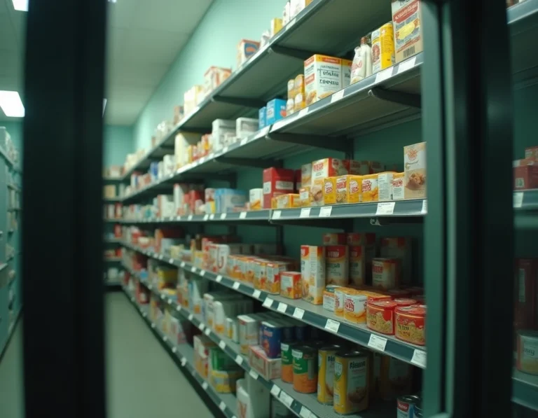 Rayonnages de la cantine en prison avec produits alimentaires et d'hygiène derrière une vitre renforcée