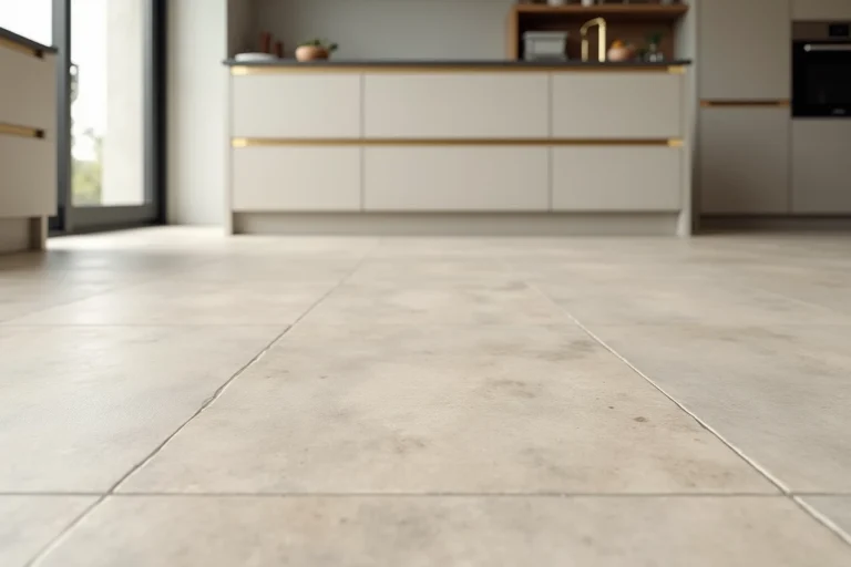 Carrelage grand format effet béton greige dans une cuisine moderne minimaliste avec îlot blanc et robinetterie dorée brossée