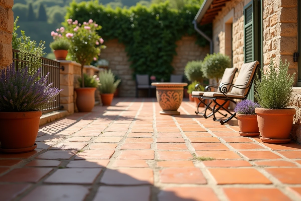 Terrasse méditerranéenne avec carrelage en terre cuite artisanale, mobilier en fer forgé et pots de lavande sous le soleil du sud