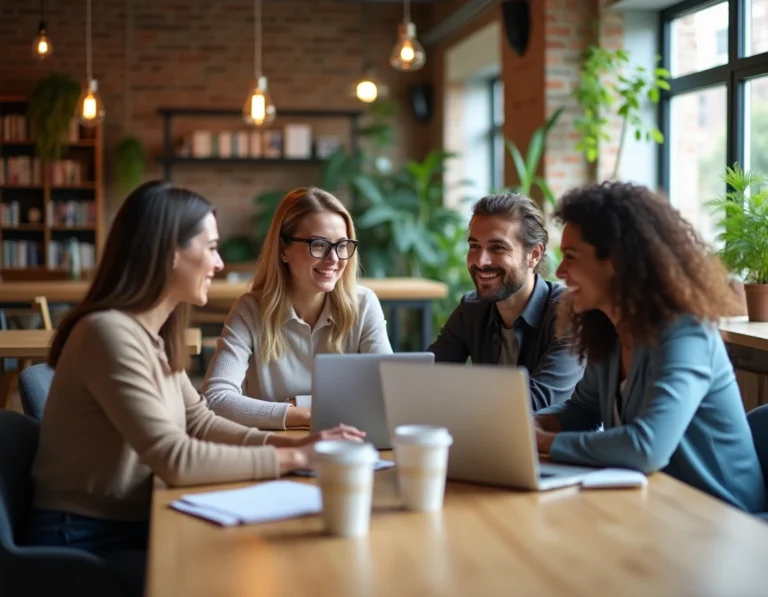 Groupe de personnes collaborant autour d'une table dans un espace de coworking, illustrant l'économie participative et le travail collaboratif