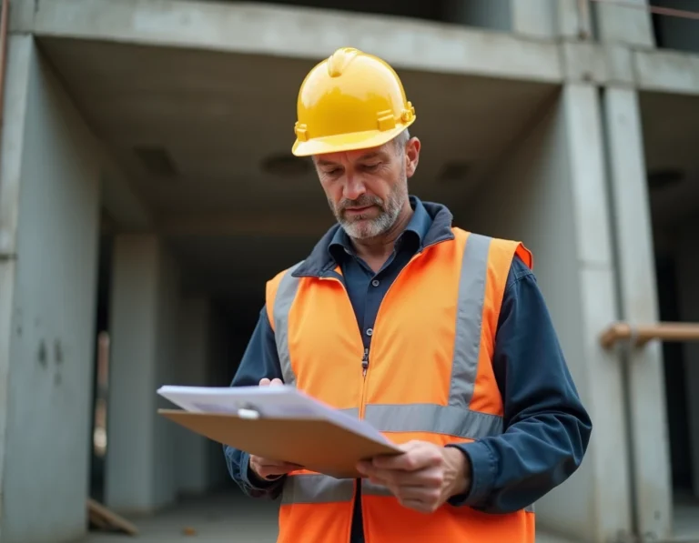 Conducteur de travaux vérifiant les documents de chantier devant une structure en construction avec échafaudages