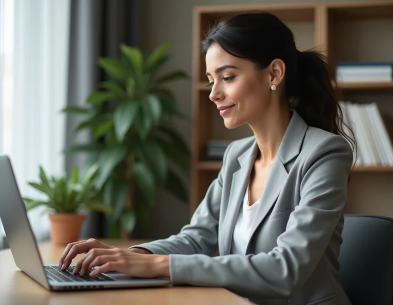 Femme professionnelle connectée à son compte en ligne sur un ordinateur portable dans un bureau moderne