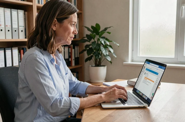 Femme connectée à sa messagerie académique AC Strasbourg sur un ordinateur portable dans un bureau à domicile