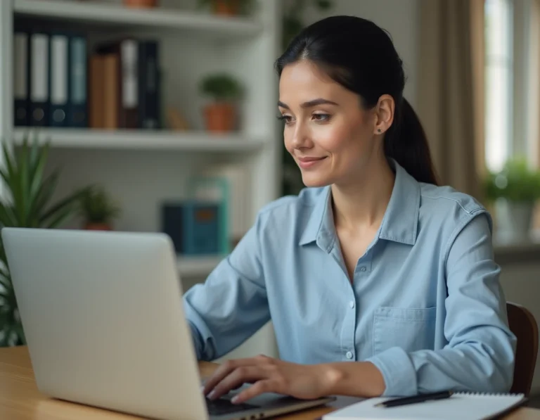 Femme consultant les bans de mariage en ligne sur un ordinateur portable depuis son bureau à domicile