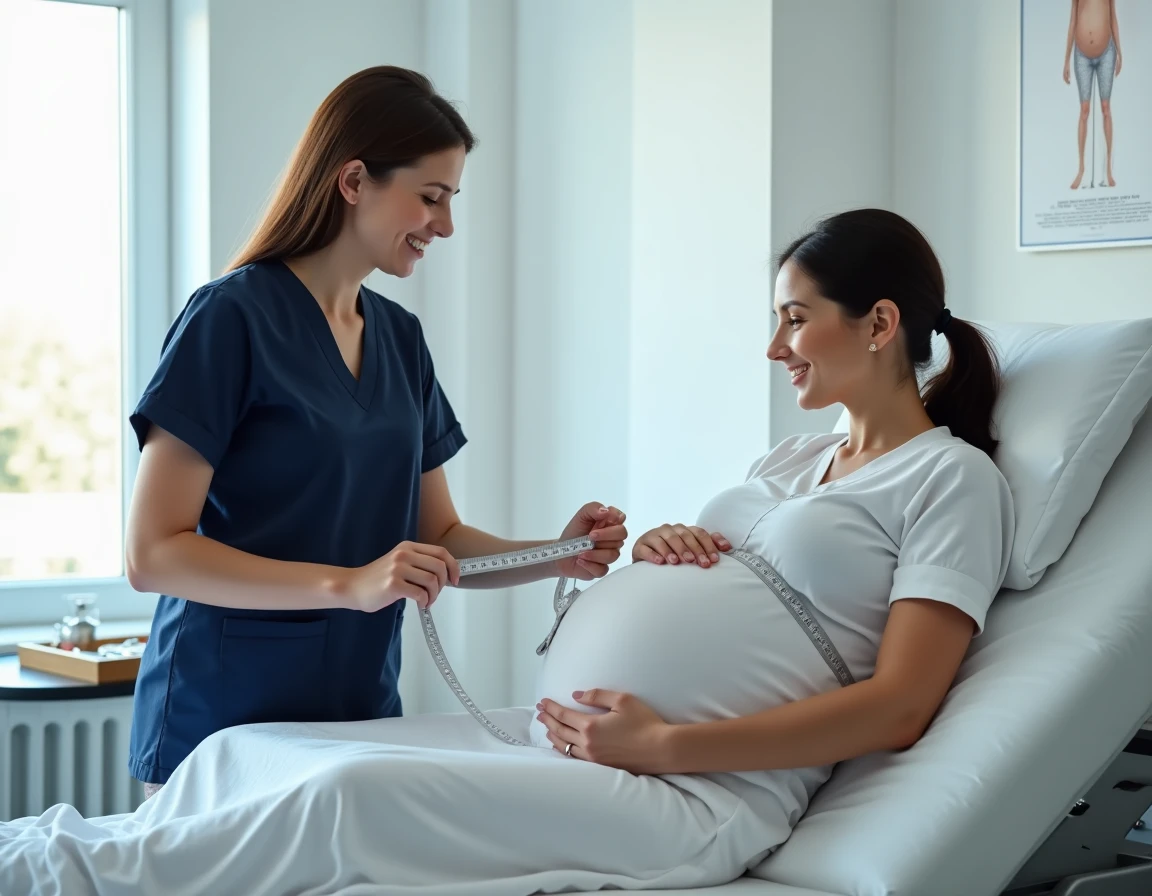 Femme enceinte allongée sur une table d'examen en clinique prénatale pendant qu'une sage-femme mesure son ventre, dans un environnement médical propre et rassurant