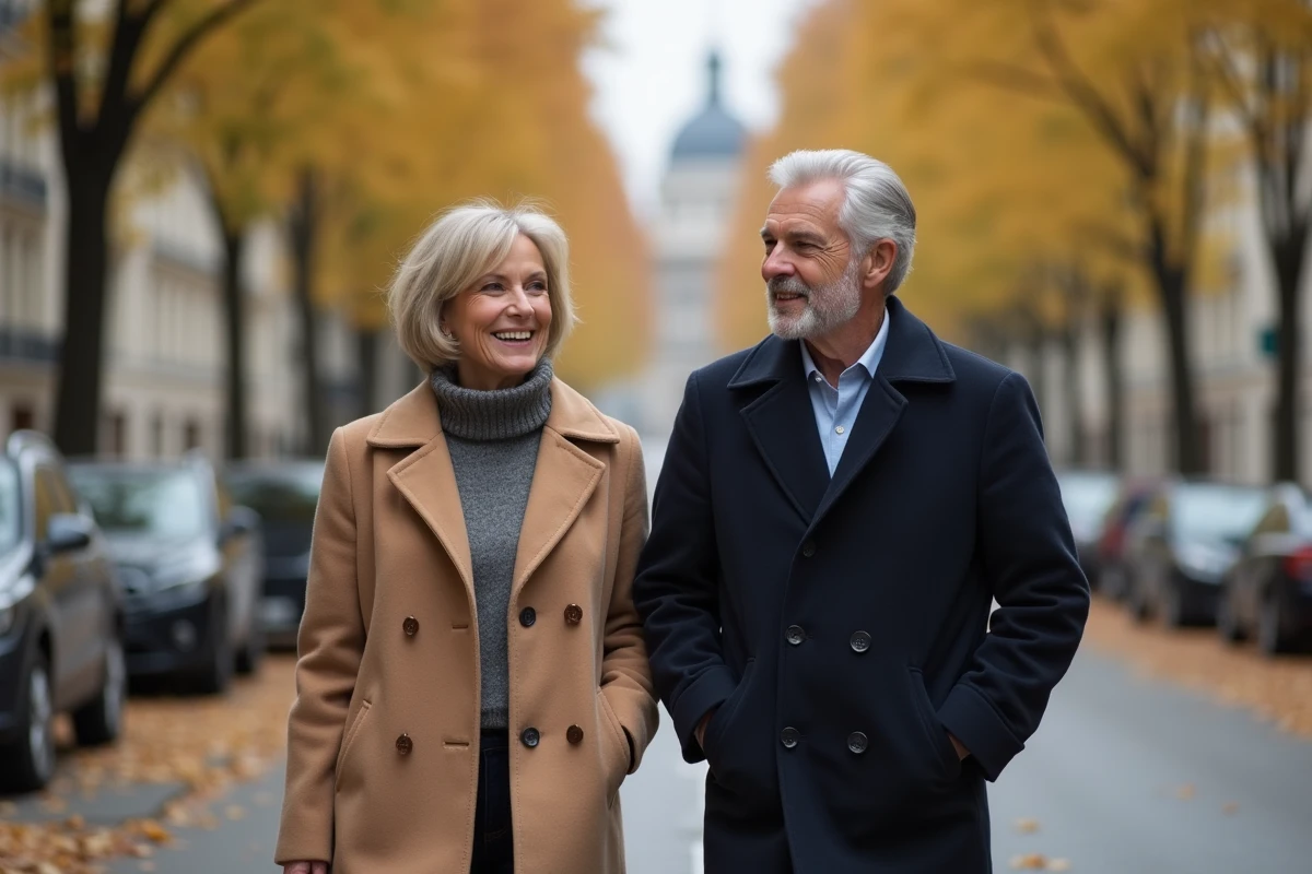 Couple discret se promenant dans une rue parisienne en automne, symbolisant la vie privée et le mariage