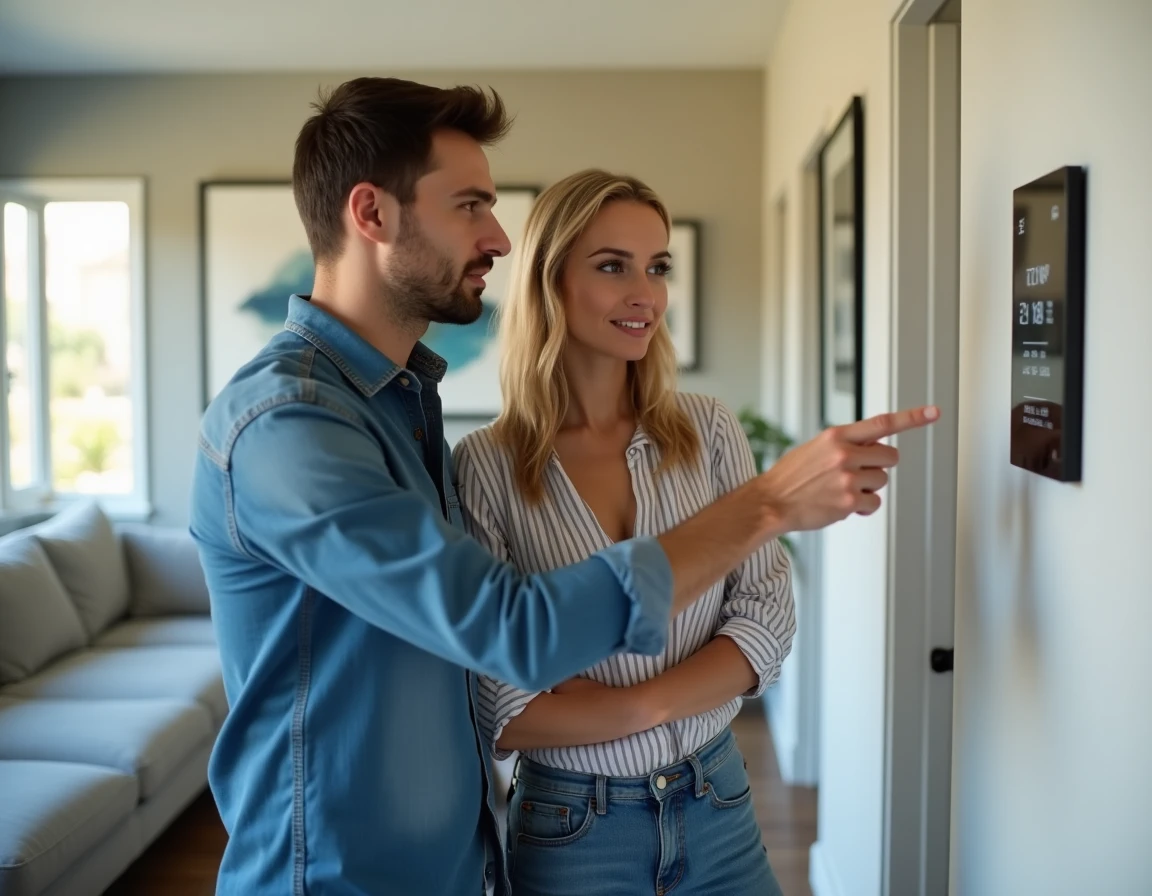 Couple évaluant ensemble une solution domotique d'éclairage installée dans leur salon, partageant leur avis