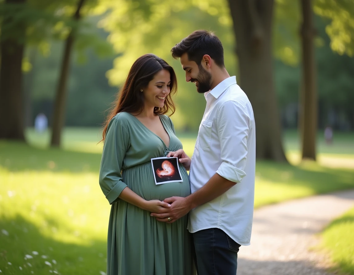 Couple de futurs parents souriant en tenant une échographie dans un parc verdoyant, la femme portant une robe sage verte et l'homme une chemise blanche décontractée