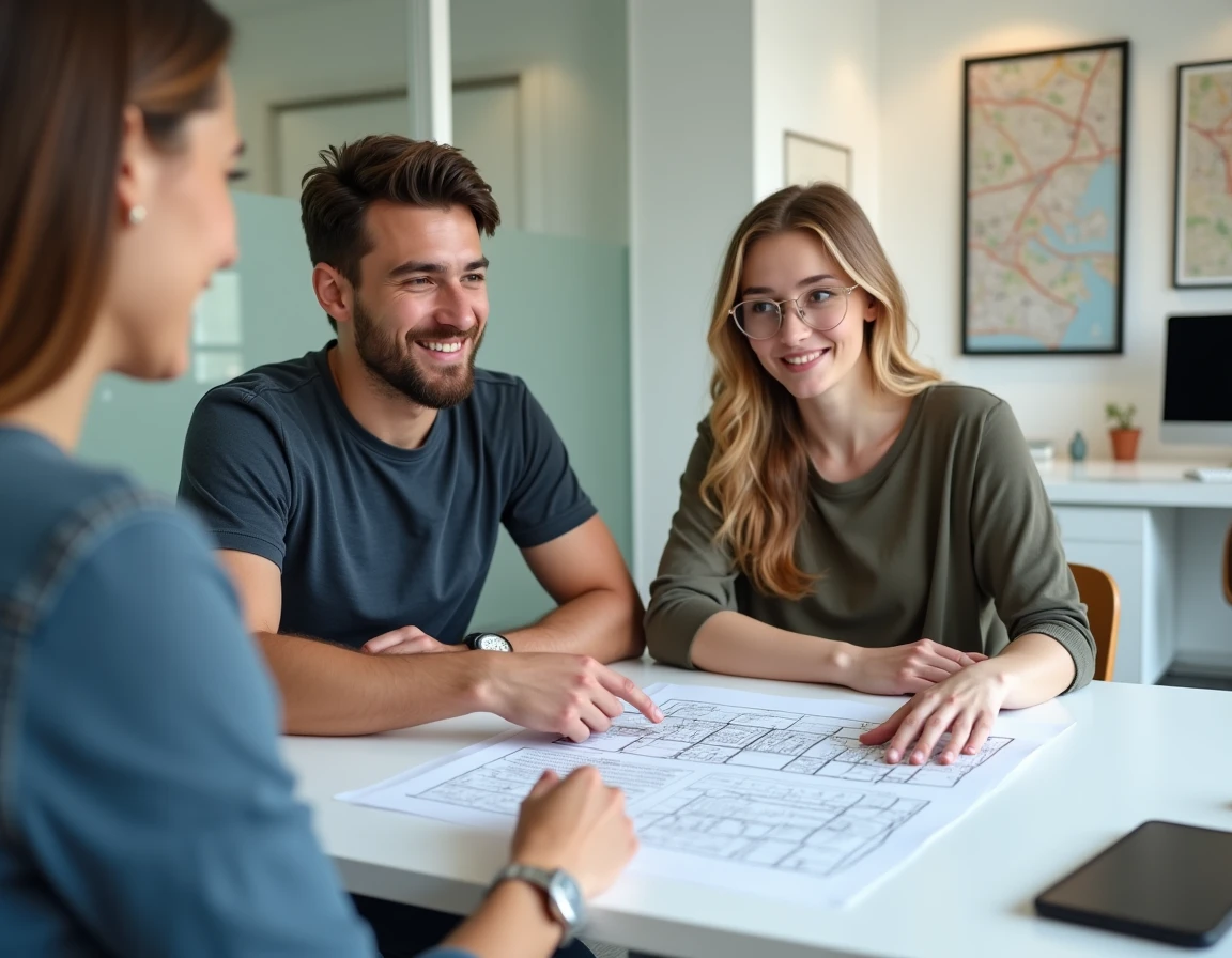 Couple de locataires discutant d'un contrat de double location avec un agent immobilier dans une agence moderne