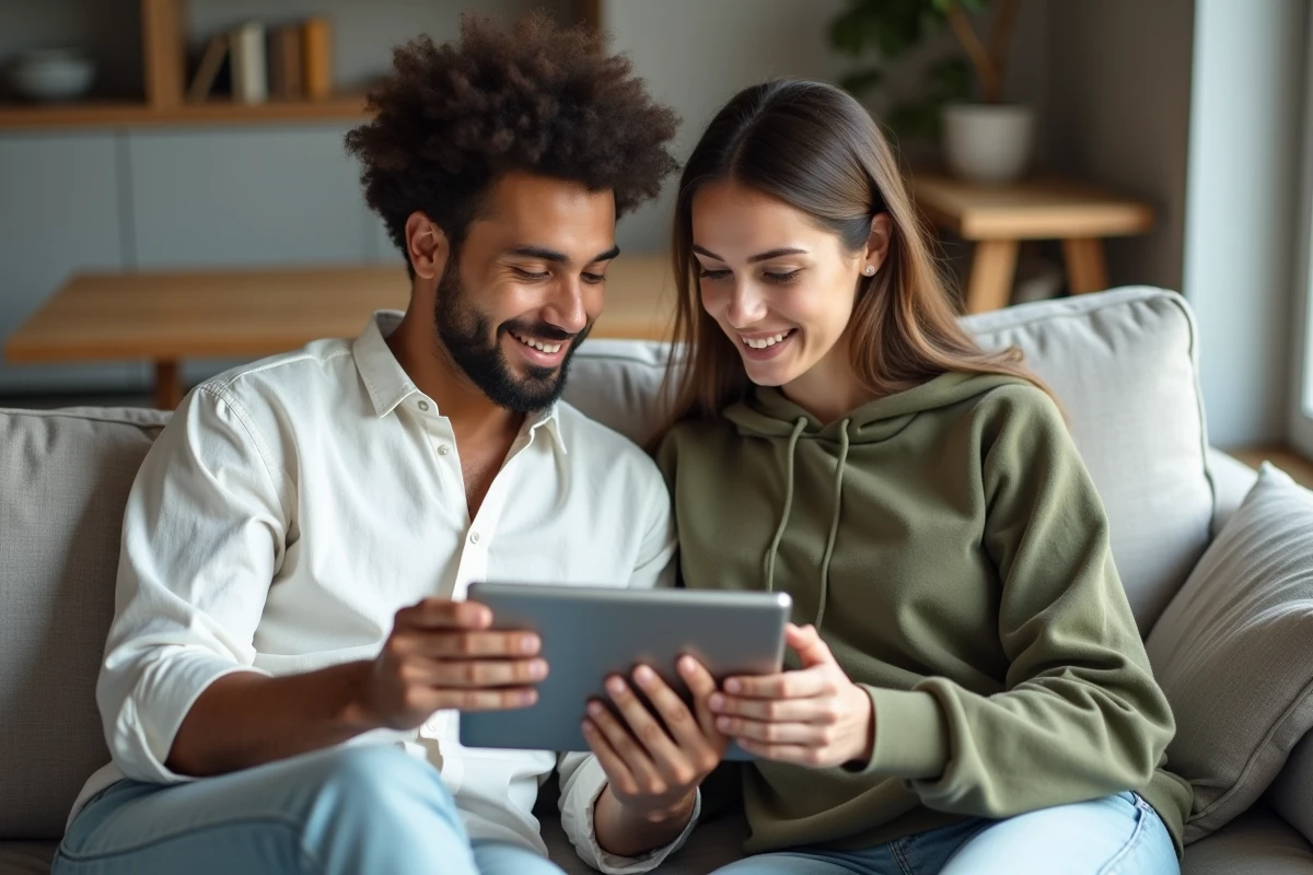Couple utilisant une tablette pour explorer des services pratiques du quotidien dans leur salon