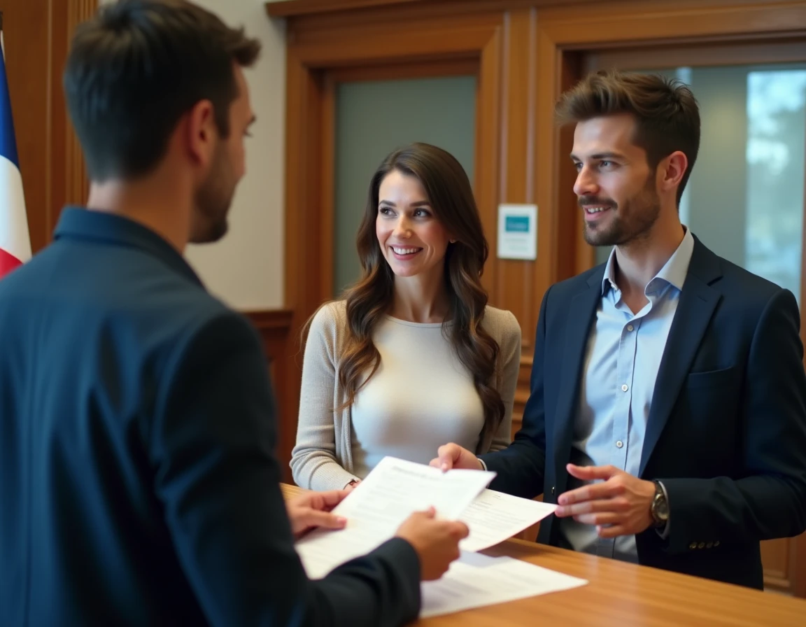 Couple déposant les dossiers de bans de mariage à la mairie auprès d'une employée municipale