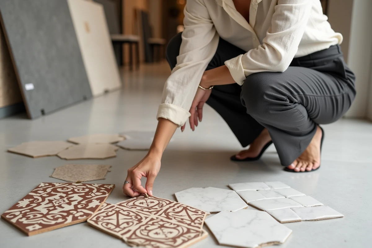 Designer d'intérieur sélectionnant des échantillons de carrelage en céramique dans un showroom spécialisé avec motifs géométriques et carreaux hexagonaux