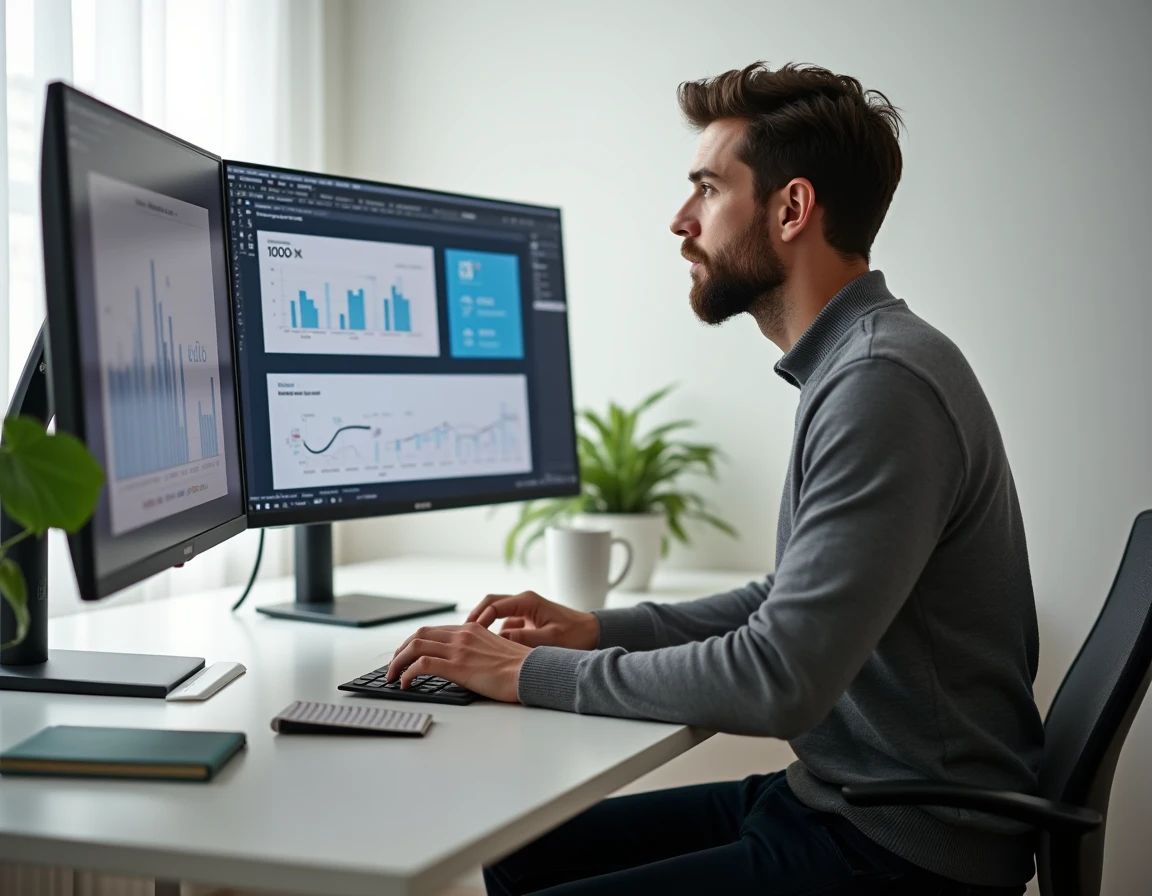 Entrepreneur travaillant seul sur une stratégie commerciale digitale avec deux écrans dans un bureau à domicile
