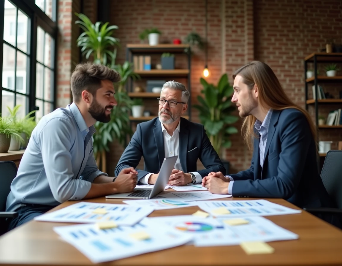 Équipe commerciale collaborant autour d'une stratégie digitale avec des rapports d'analyse sur une table de réunion