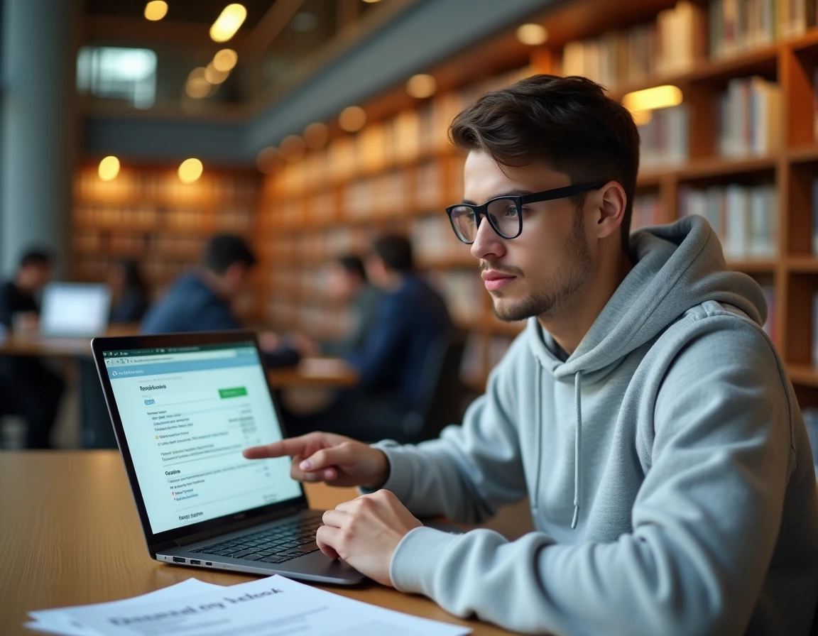 Étudiant consultant les étapes d'inscription sur eCandidat à la bibliothèque universitaire d'Aix-Marseille