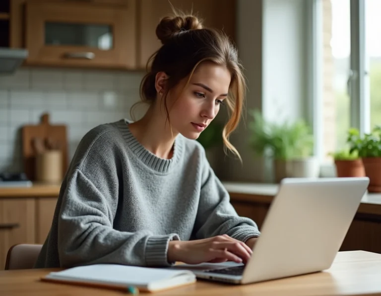 Mère de famille lisant des avis en ligne sur une solution d'éclairage pour la maison, assise dans sa cuisine moderne