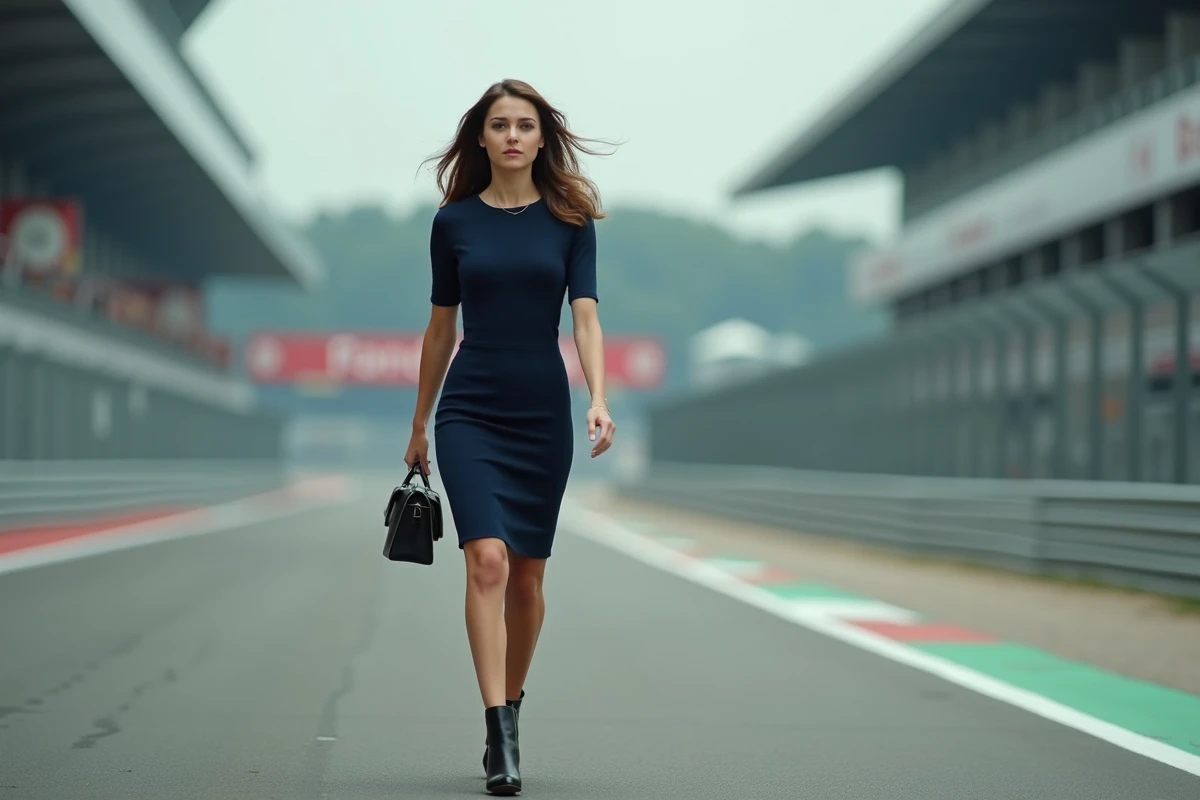 Femme distinguée en robe marine marchant dans un paddock de course automobile, style et personnalité affirmés