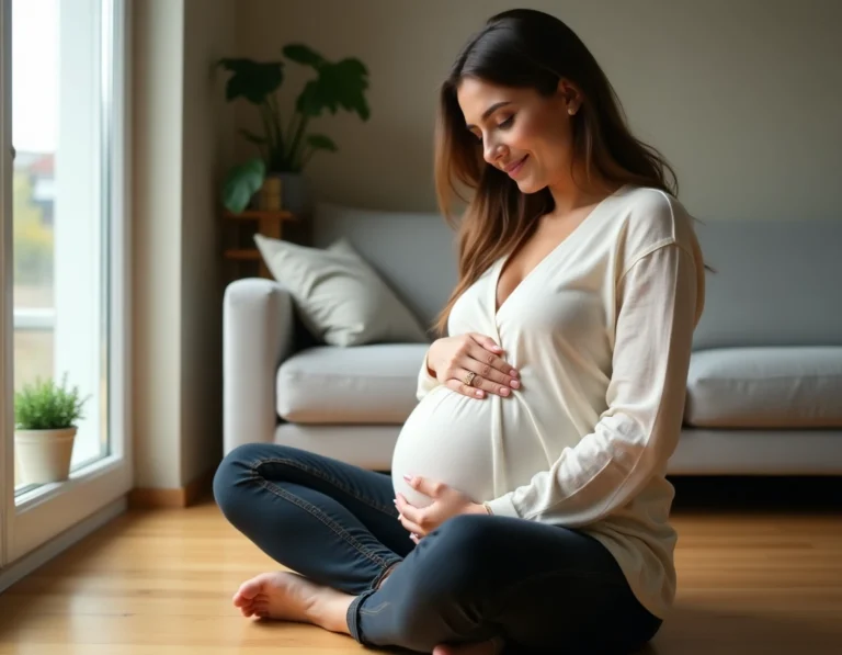 Femme enceinte en début de trentaine assise sur un plancher en bois, tenant son ventre arrondi avec tendresse dans un salon chaleureux et lumineux
