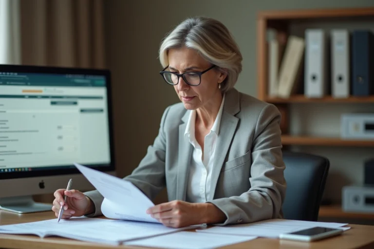 Femme consultant un formulaire H1 avec attention à son bureau administratif