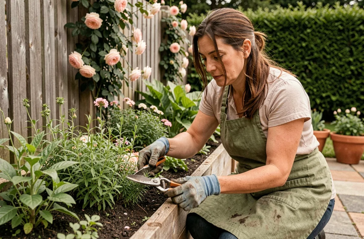 Femme entretenant ses plantes dans un jardin luxuriant avec des outils de jardinage, illustrant les astuces pour un espace vert bien entretenu