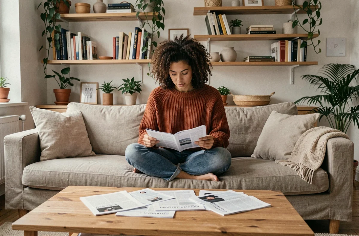 Jeune femme lisant des articles de conseils féminins dans un salon scandinave cosy