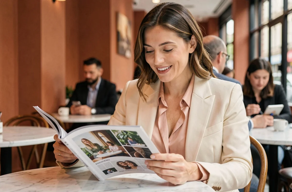 Femme élégante consultant un magazine féminin dans un café parisien moderne