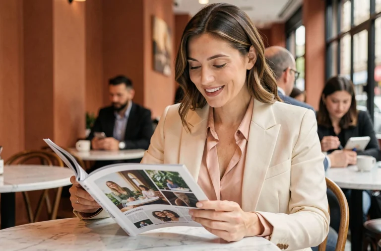 Femme élégante consultant un magazine féminin dans un café parisien moderne