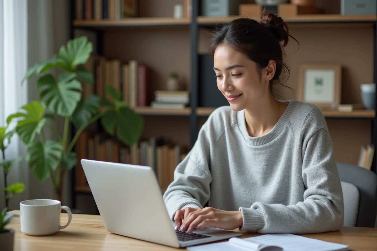Femme utilisant un ordinateur portable pour accéder à des services en ligne depuis son bureau à domicile