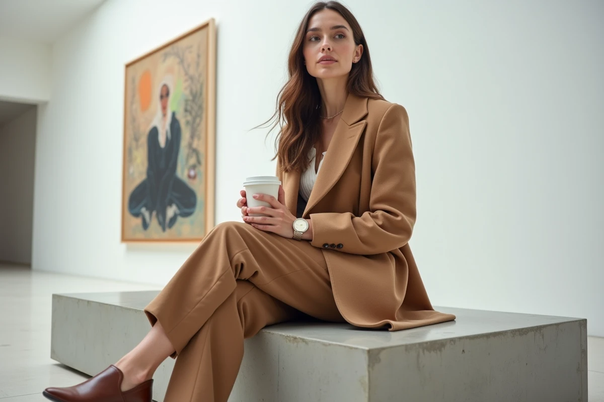 Femme au style sophistiqué en manteau camel dans une galerie d'art contemporaine, allure naturelle et élégante