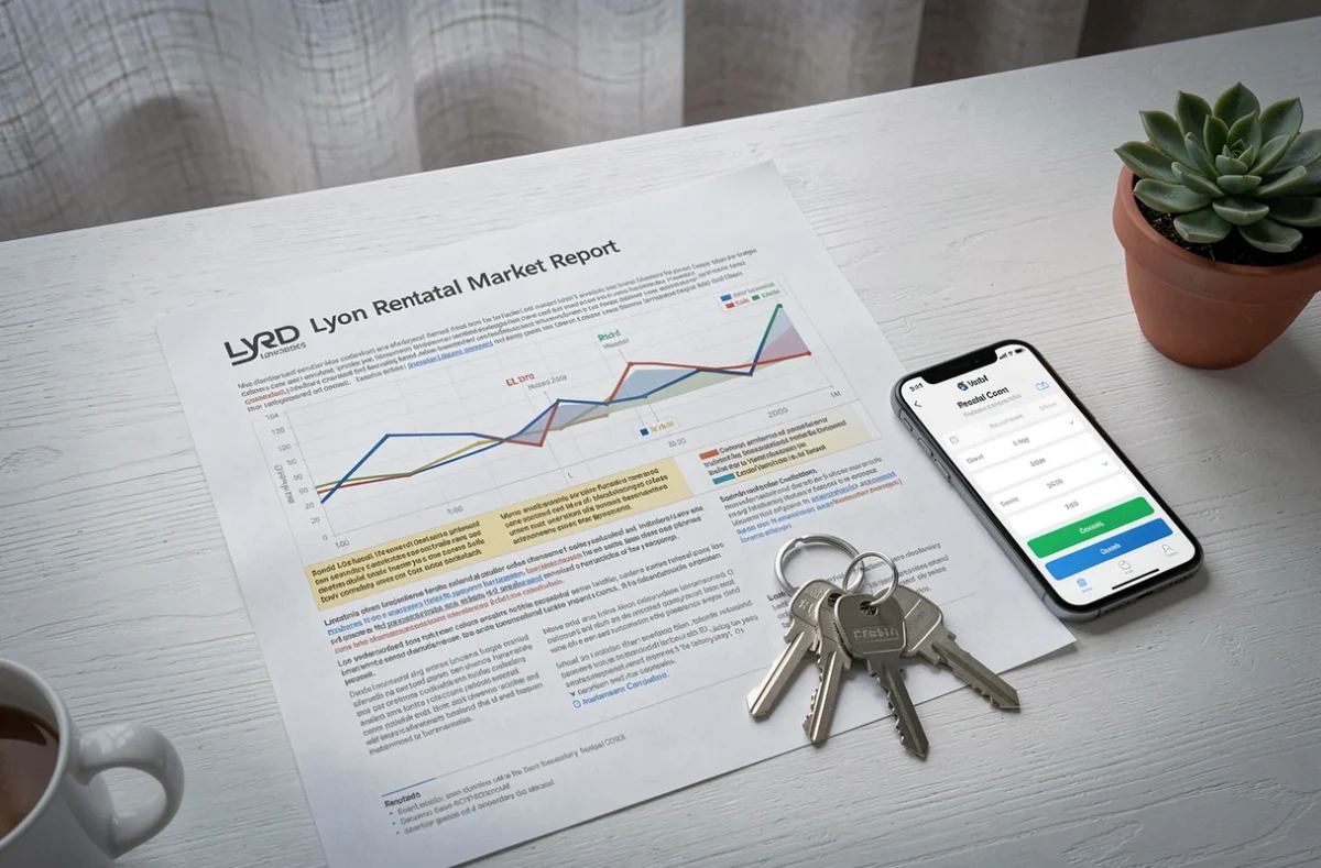 Vue de dessus d'un bureau avec rapport d'estimation des loyers à Lyon, clés d'appartement et application immobilière sur smartphone