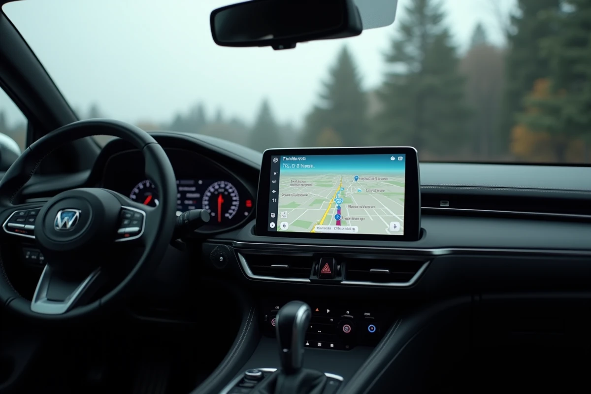 Gros plan sur l'écran Android Auto d'un tableau de bord affichant la navigation Waze avec carte et itinéraire