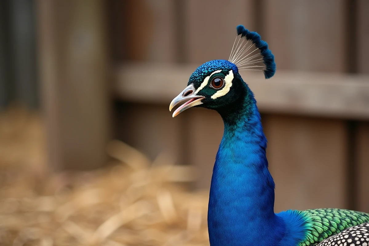 Gros plan sur la tête d'un paon en train de vocaliser, plumage bleu cobalt et vert émeraude texturé avec crête dressée