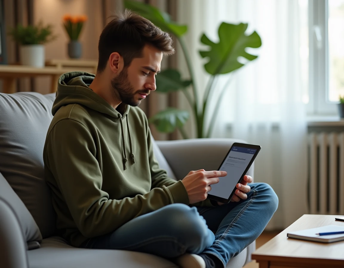 Jeune adulte configurant son compte en ligne sur une tablette dans un salon confortable