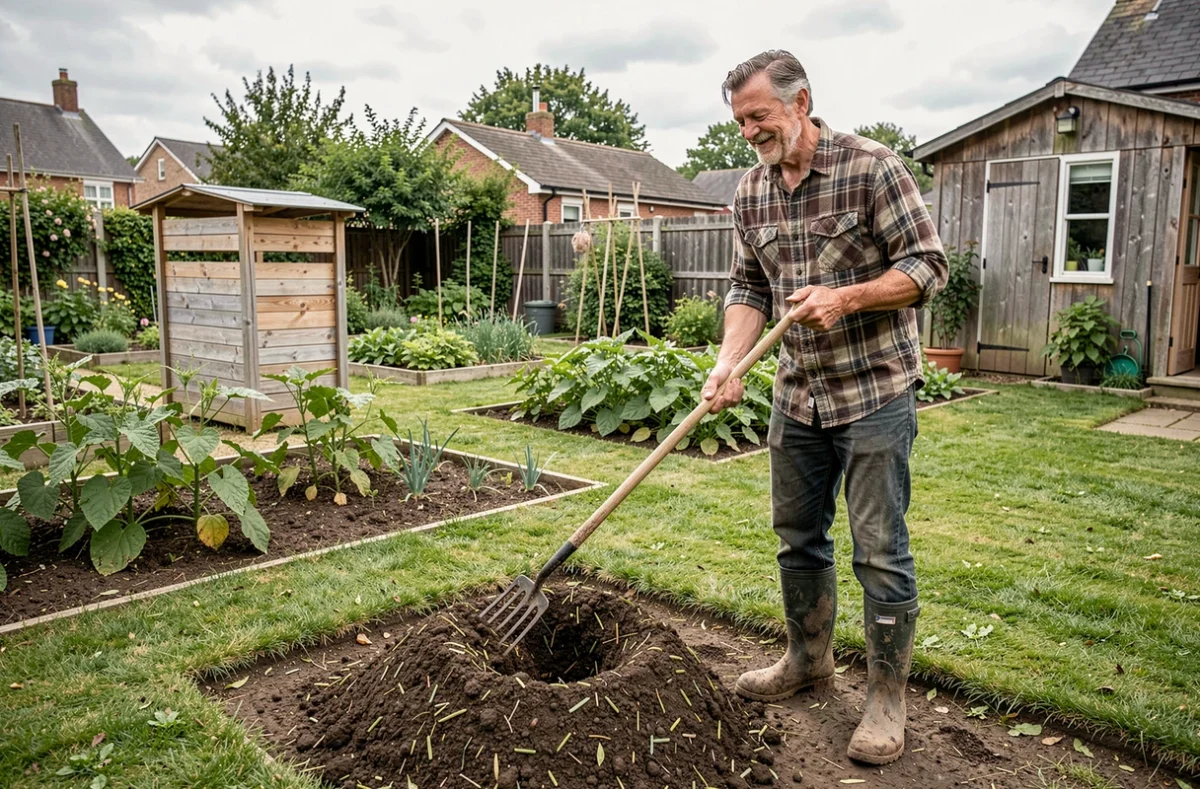 Homme retournant un compost dans un grand jardin verdoyant, démontrant une technique d'entretien naturel pour enrichir la terre du jardin