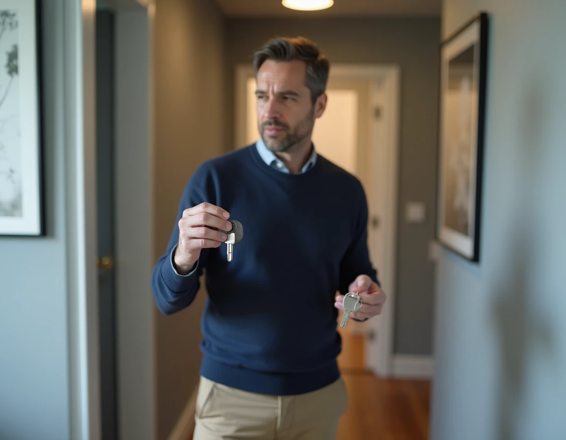 Homme tenant deux clés d'appartements différents dans un couloir résidentiel moderne, illustrant la double location