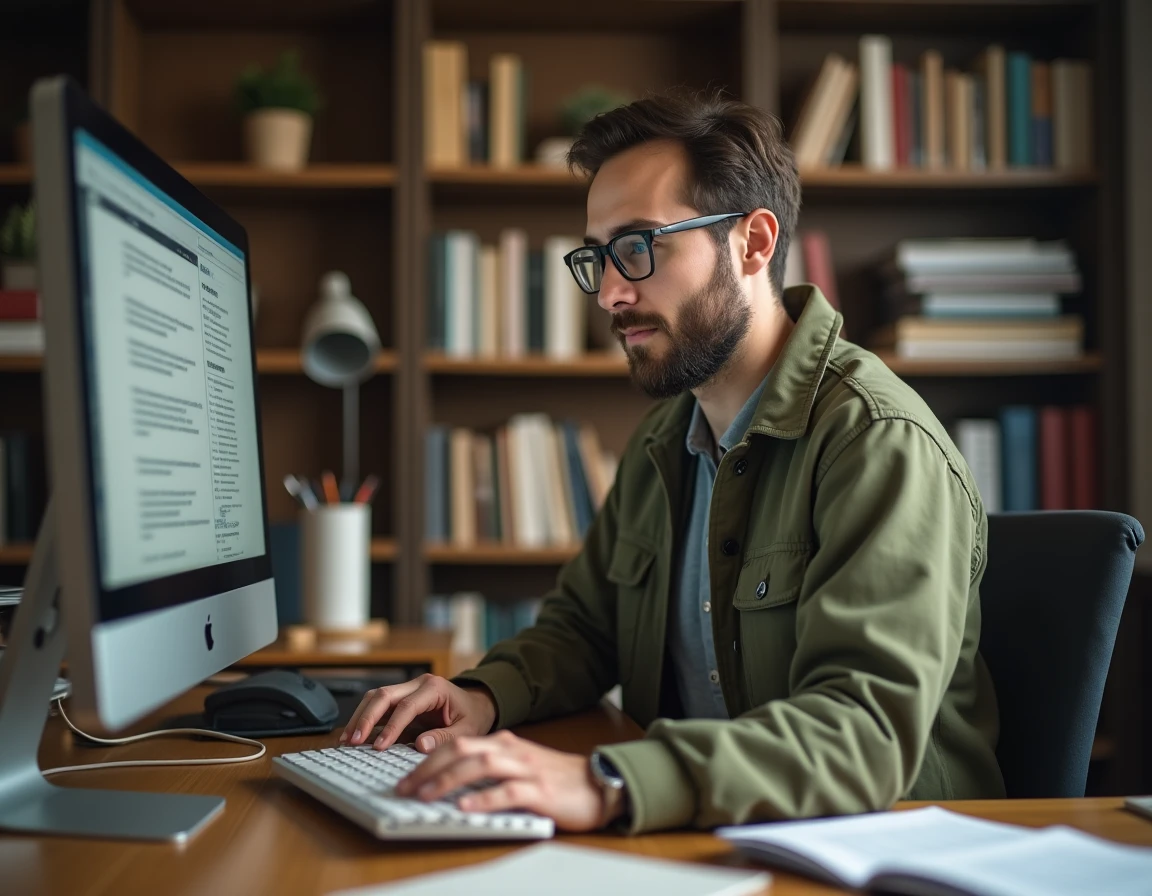 Homme rédigeant un avis détaillé sur une solution d'éclairage connectée depuis son bureau à domicile