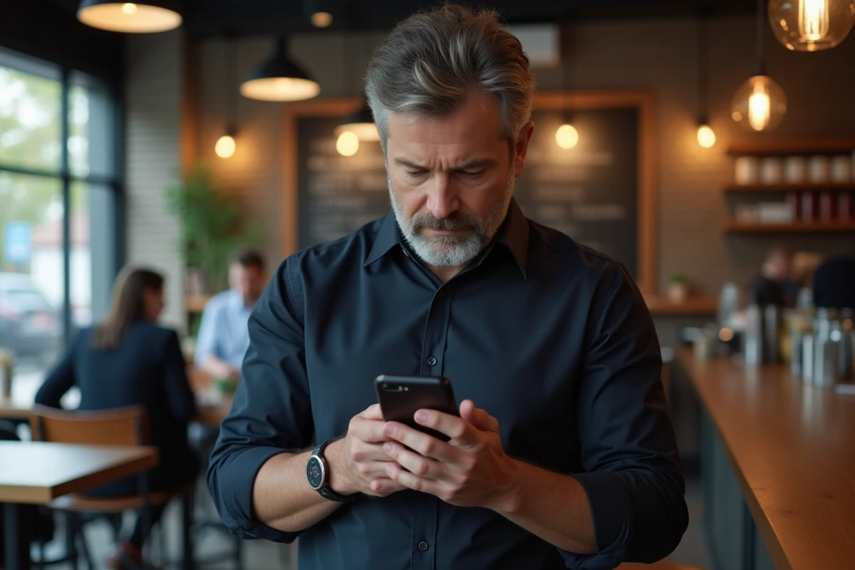 Homme consultant des services numériques sur son smartphone dans un café urbain moderne