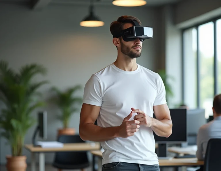 Homme portant un casque de réalité augmentée dans un bureau tech moderne en 2024