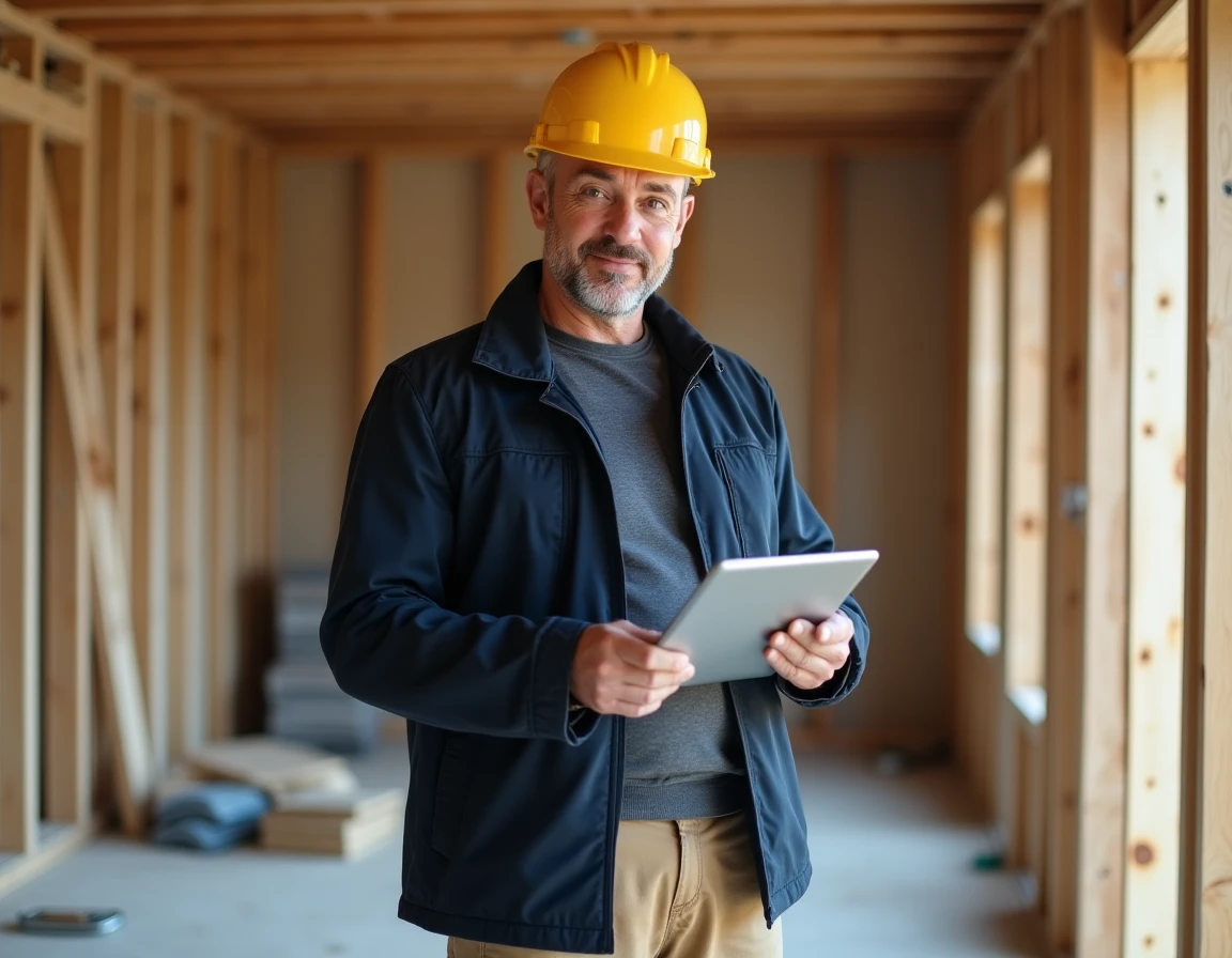 Inspecteur consultant un rapport numérique sur tablette dans une maison en cours de construction pour valider les garanties travaux