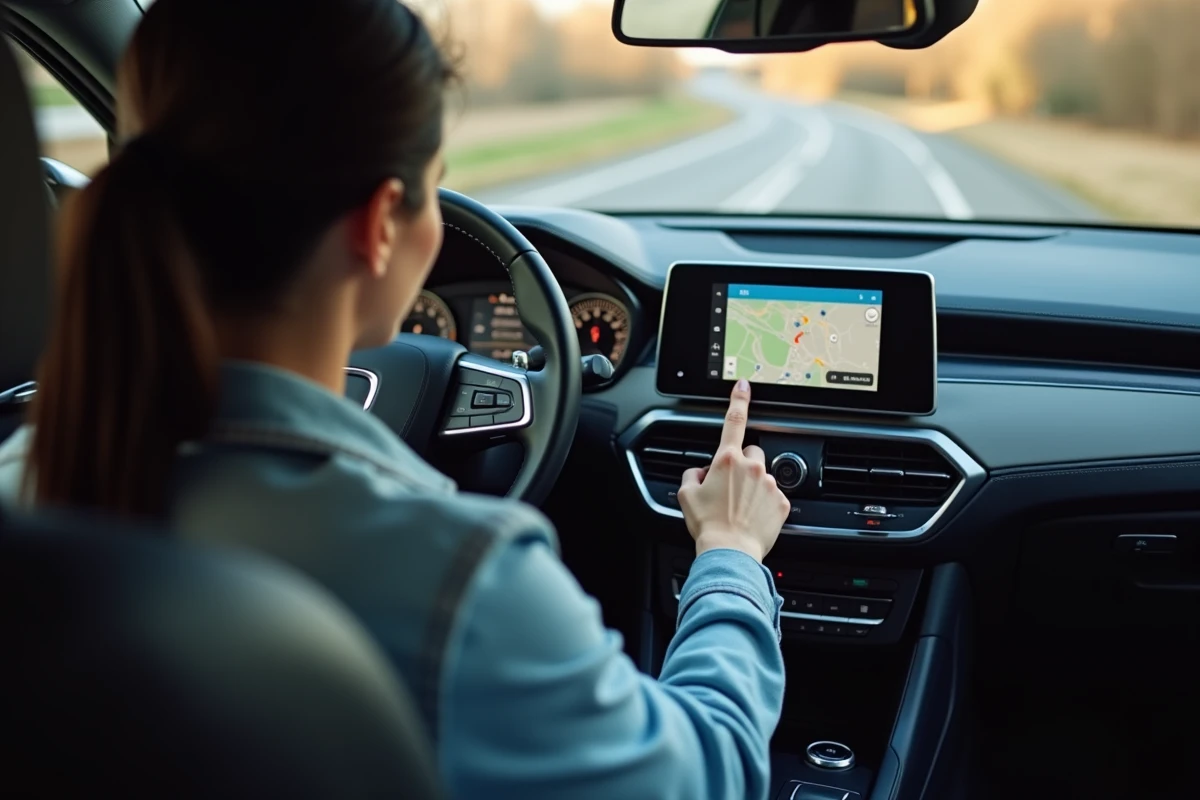 Femme interagissant avec l'interface Android Auto affichant Waze sur l'écran central d'une voiture