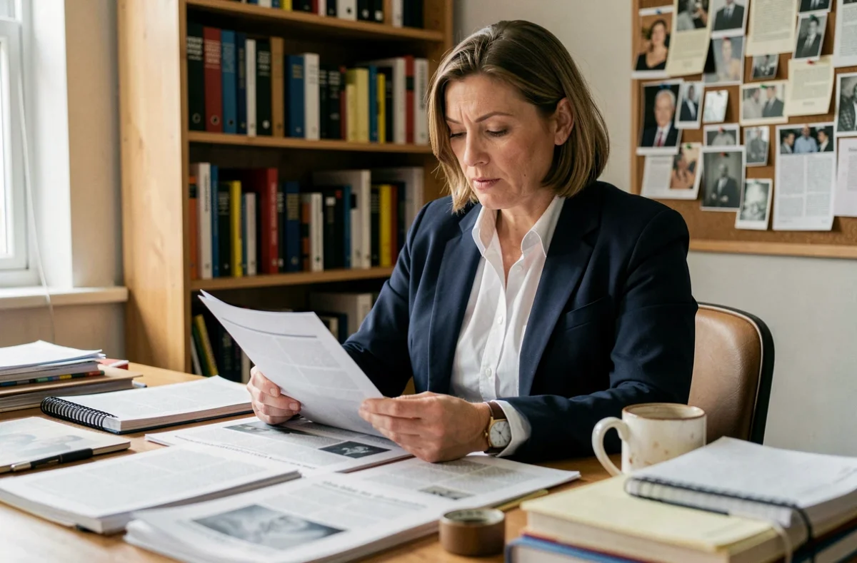 Journaliste indépendante travaillant à son bureau, entourée de documents et d'articles imprimés dans un bureau à domicile