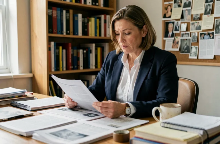 Journaliste indépendante travaillant à son bureau, entourée de documents et d'articles imprimés dans un bureau à domicile