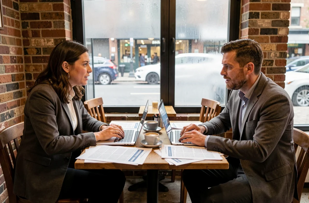 Deux journalistes indépendants collaborant dans un café autour de leurs ordinateurs portables et de documents de presse