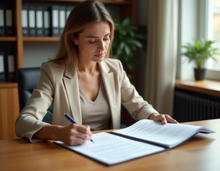 Femme locataire examinant deux contrats de bail sur un bureau en bois dans un bureau à domicile moderne