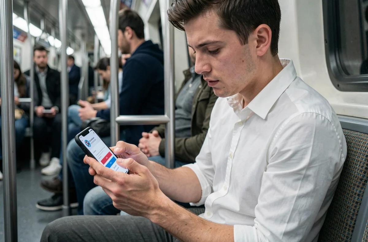 Jeune homme consultant sa messagerie académique AC Strasbourg sur smartphone dans les transports en commun